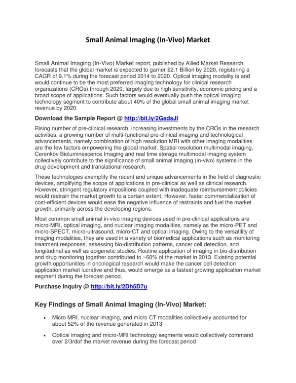 Small Animal Imaging (In-Vivo) Market is Expected to Reach $2.1 Billion, Globally, by 2020