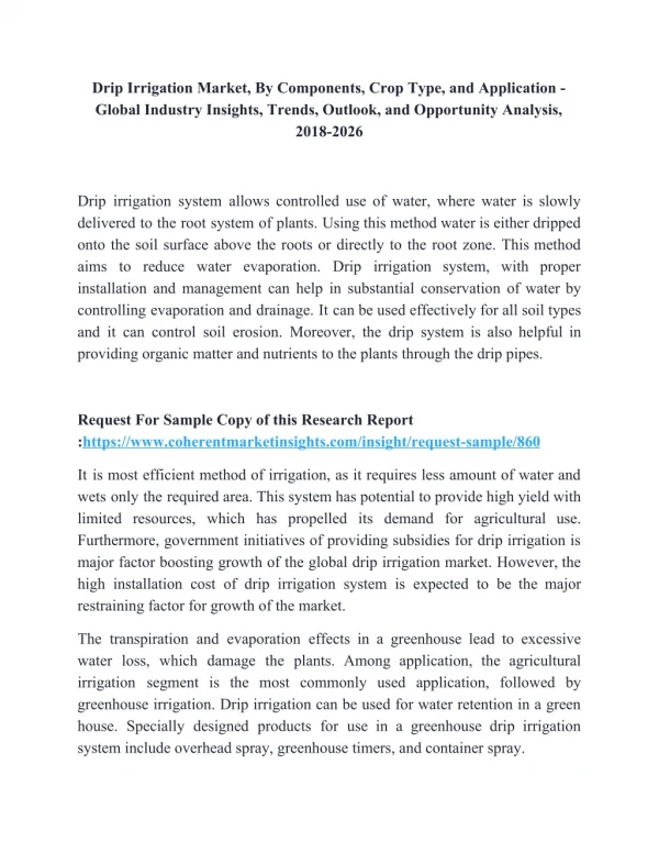 Drip Irrigation Market, By Components, Crop Type, and Application, 2018-2026