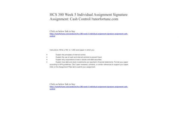 HCS 380 Week 5 Individual Assignment Signature Assignment: Cash Control//tutorfortune.com