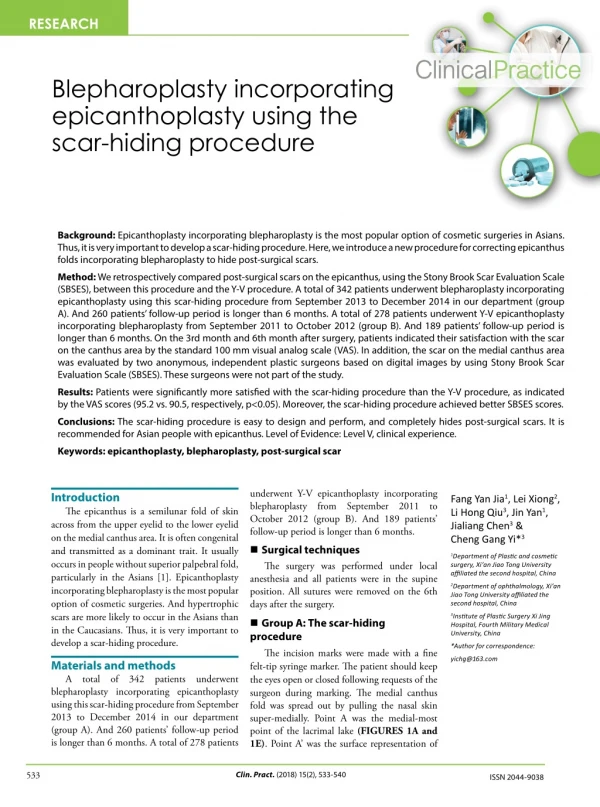 Blepharoplasty incorporating epicanthoplasty using the scar-hiding procedure