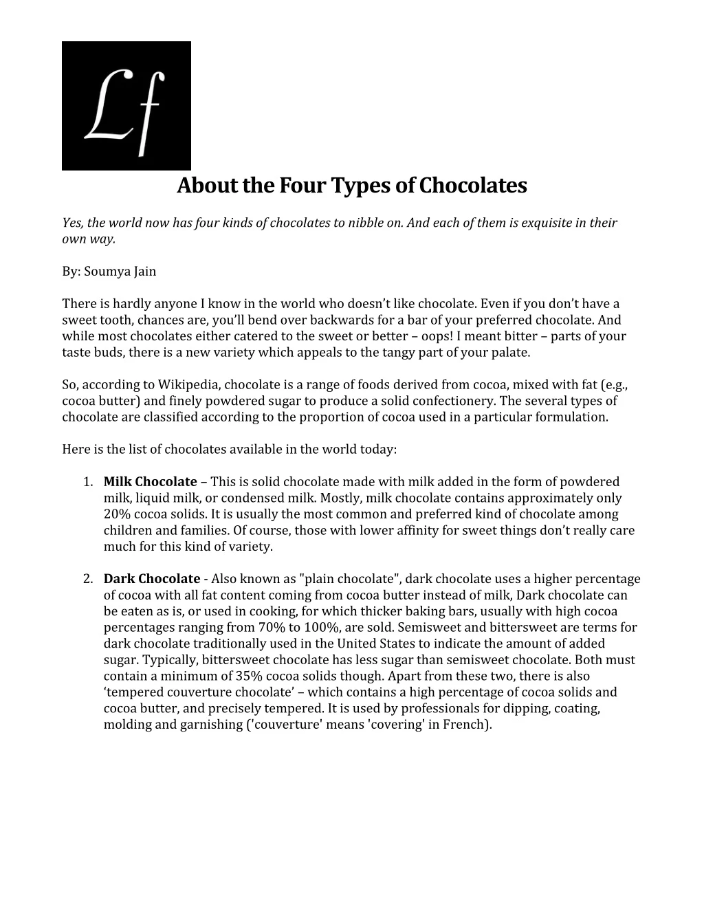 about the four types of chocolates