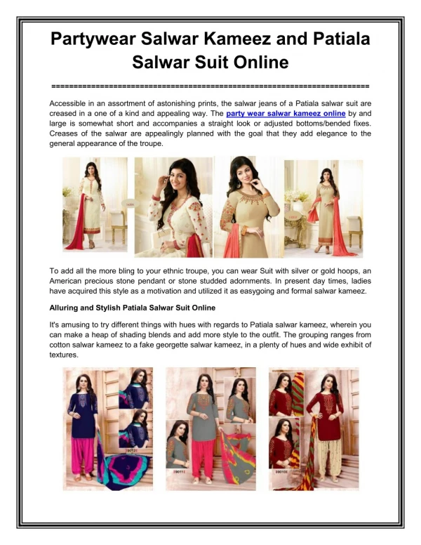 Partywear Salwar Kameez and Patiala Salwar Suit Online