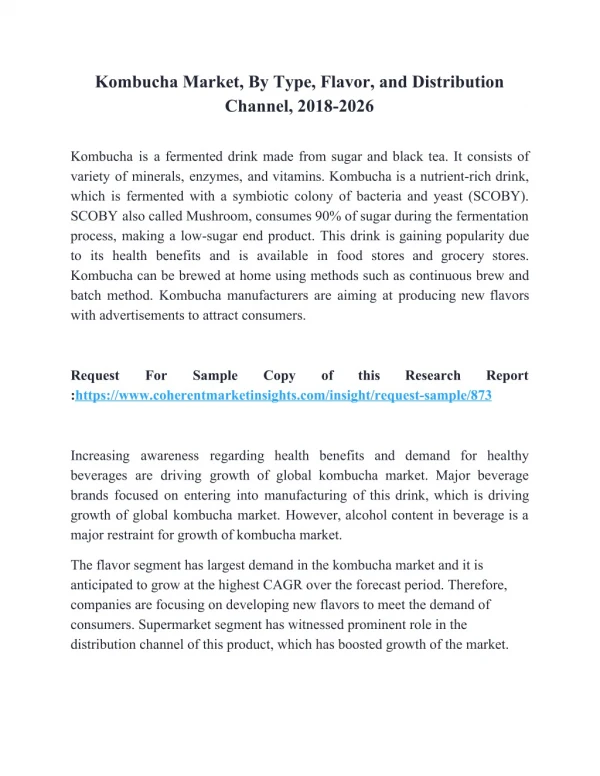 Kombucha Market, By Type, Flavor, and Distribution Channel, 2018-2026