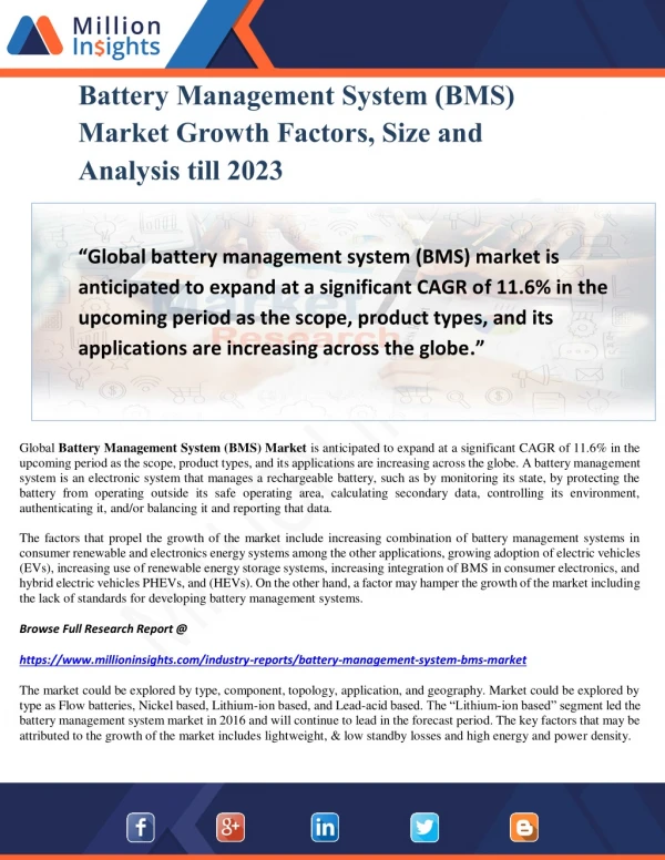 Battery Management System (BMS) Market Growth Factors, Size and Analysis till 2023