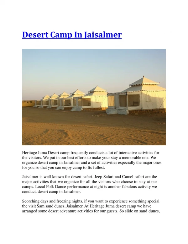 Desert Camp In Jaisalmer : Heritage Juma Desert Camp