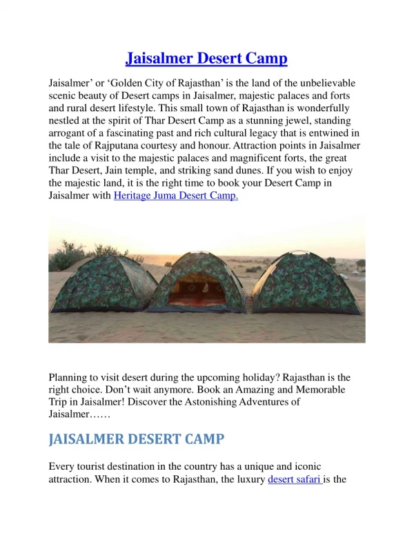 Jaisalmer Desert Camp | Desert Safari | Camp | In Jaisalmer