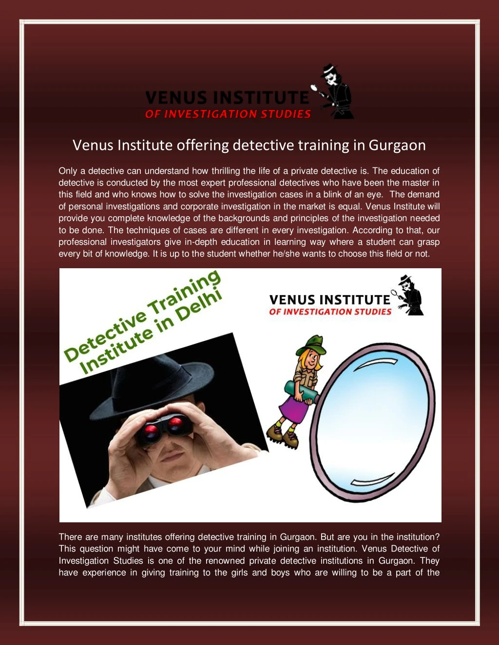 venus institute offering detective training