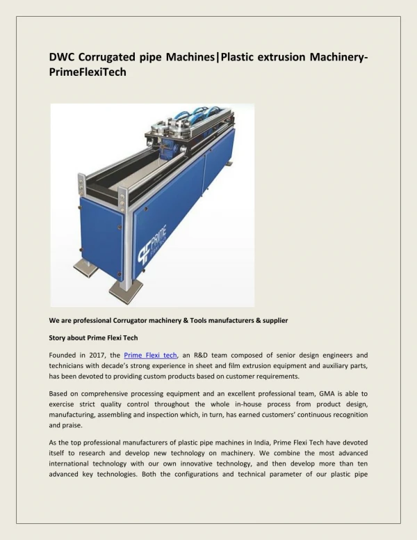DWC Corrugated pipe Machines|Plastic extrusion Machinery-PrimeFlexyTech