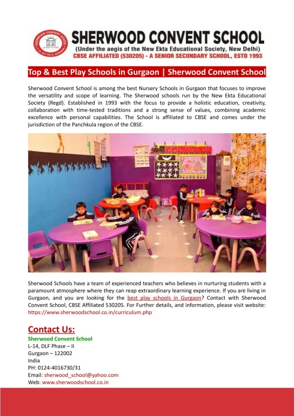 Top & Best Play Schools in Gurgaon-Sherwood Convent School