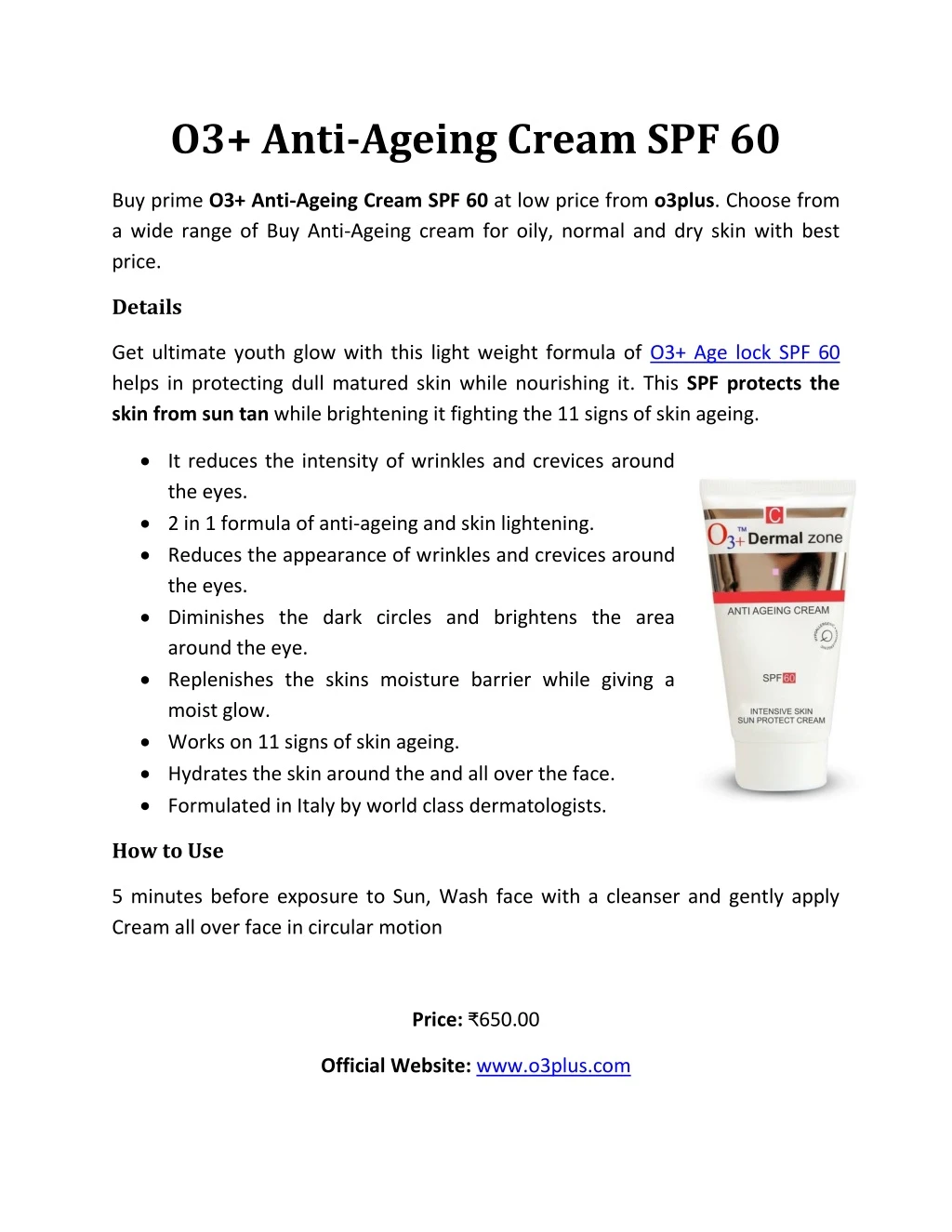 o3 anti ageing cream spf 60