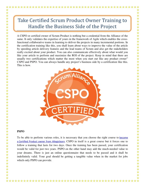 Take Certified Scrum Product Owner Training to Handle the Business Side of the Project