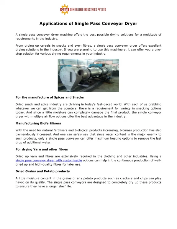 Applications of Single Pass Conveyor Dryer