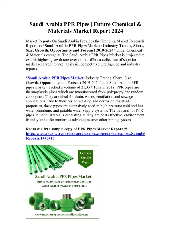 Saudi Arabia PPR Pipes | Future Chemical & Materials Market Report 2024