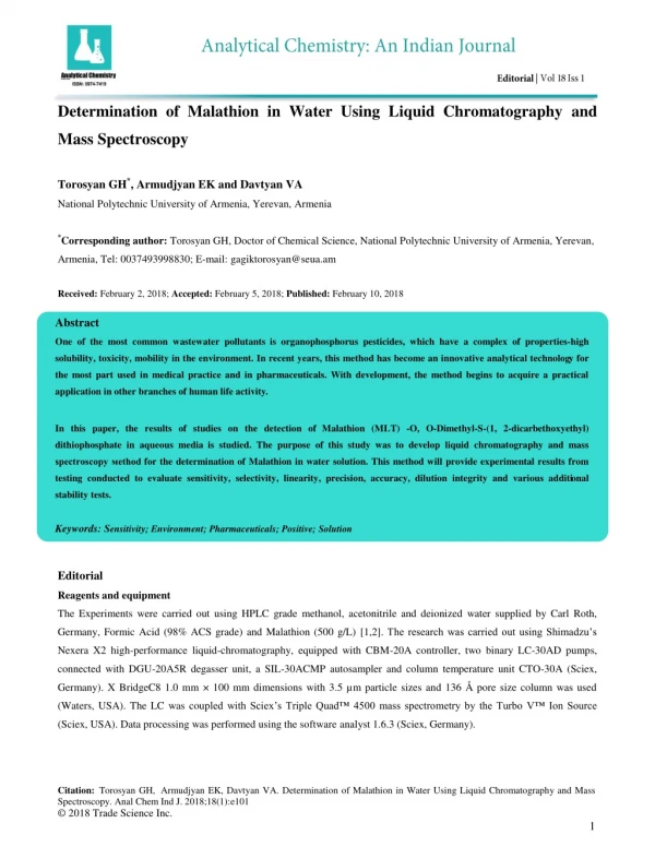 Determination of Malathion in Water Using Liquid Chromatography and Mass Spectroscopy
