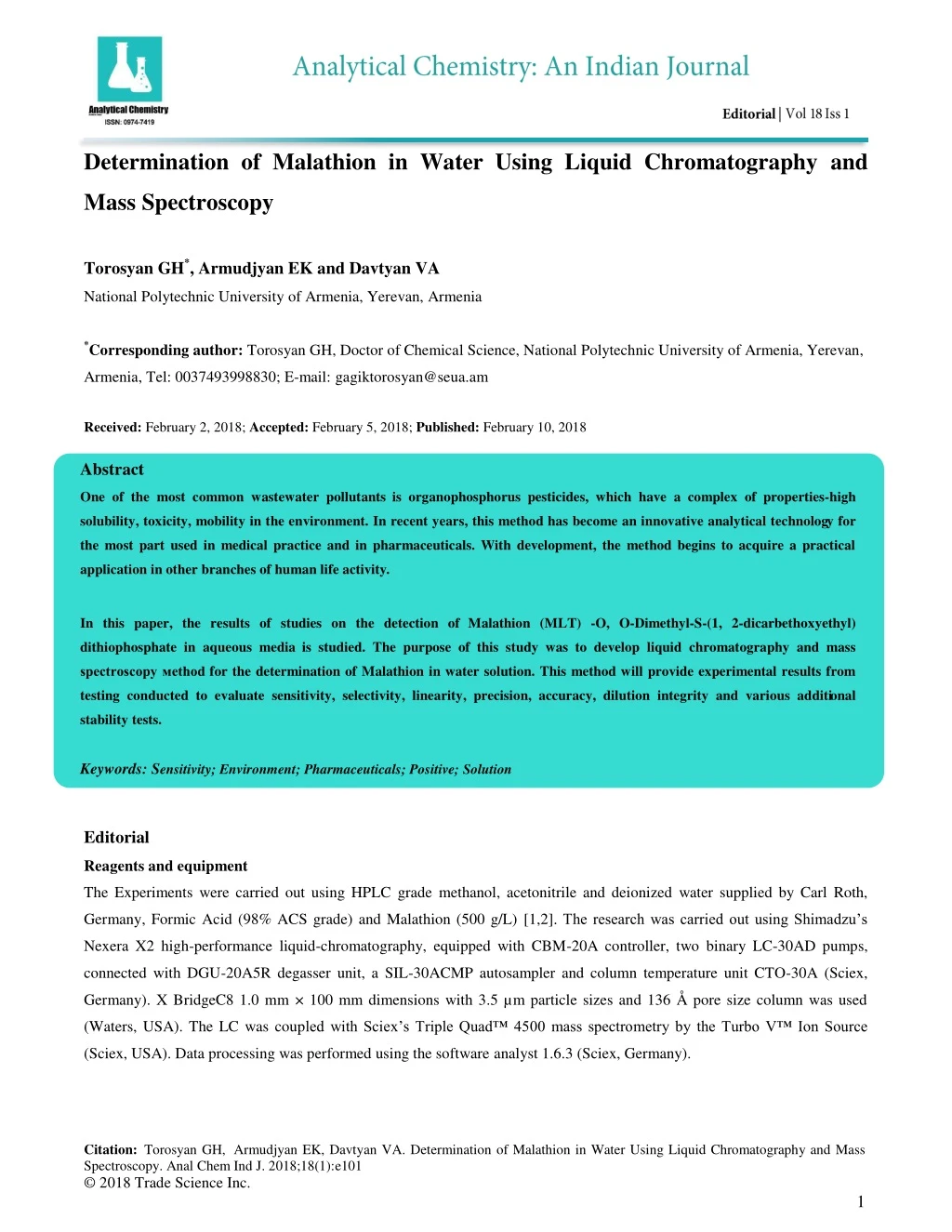 determination of malathion in water using liquid
