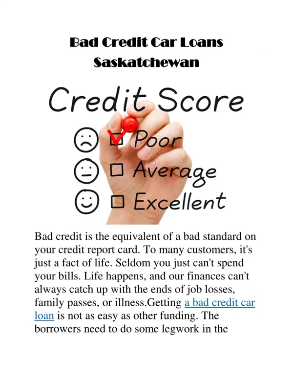 Bad Credit Car Loans Saskatchewan