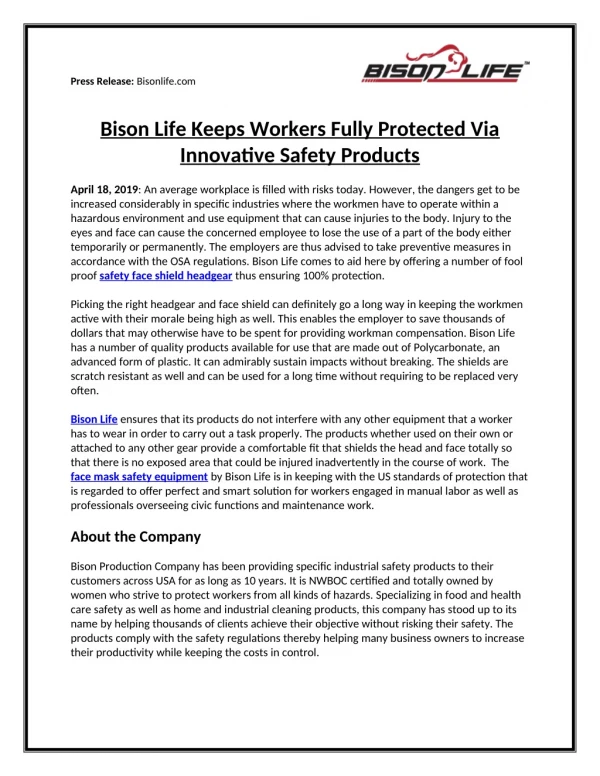 Bison Life Keeps Workers Fully Protected Via Innovative Safety Products