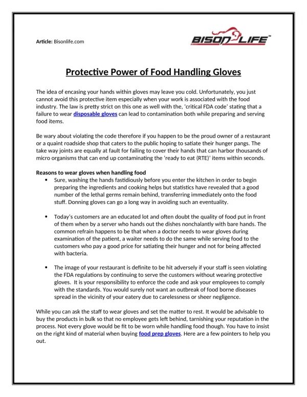 Protective Power of Food Handling Gloves