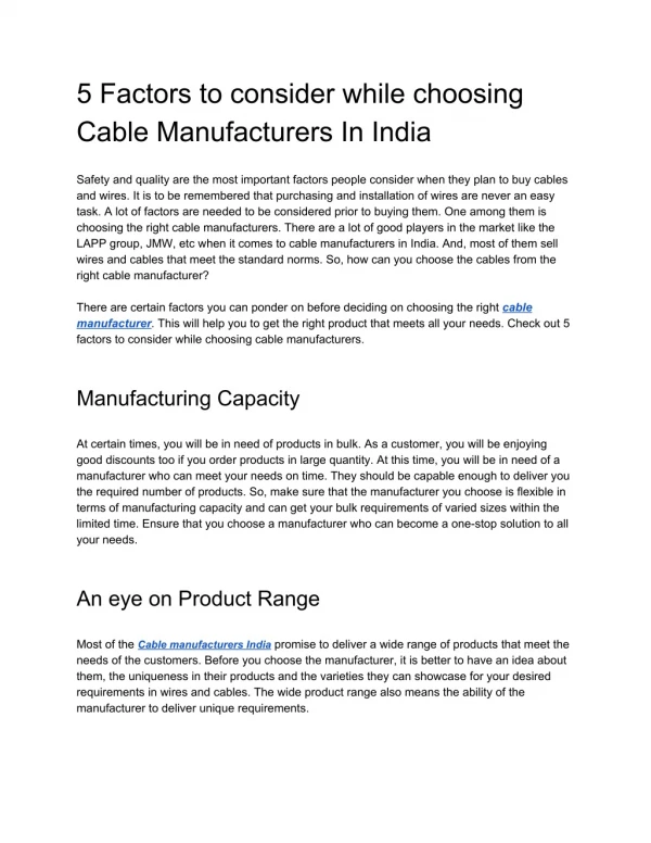 5 Factors to consider while choosing Cable Manufacturers In India