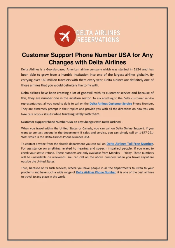 Customer Support Phone Number USA for Any Changes With Delta Airlines
