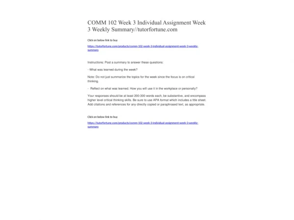 COMM 102 Week 3 Individual Assignment Week 3 Weekly Summary//tutorfortune.com