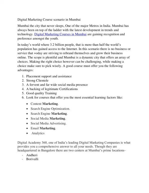 digital marketing course scenario in mumbai