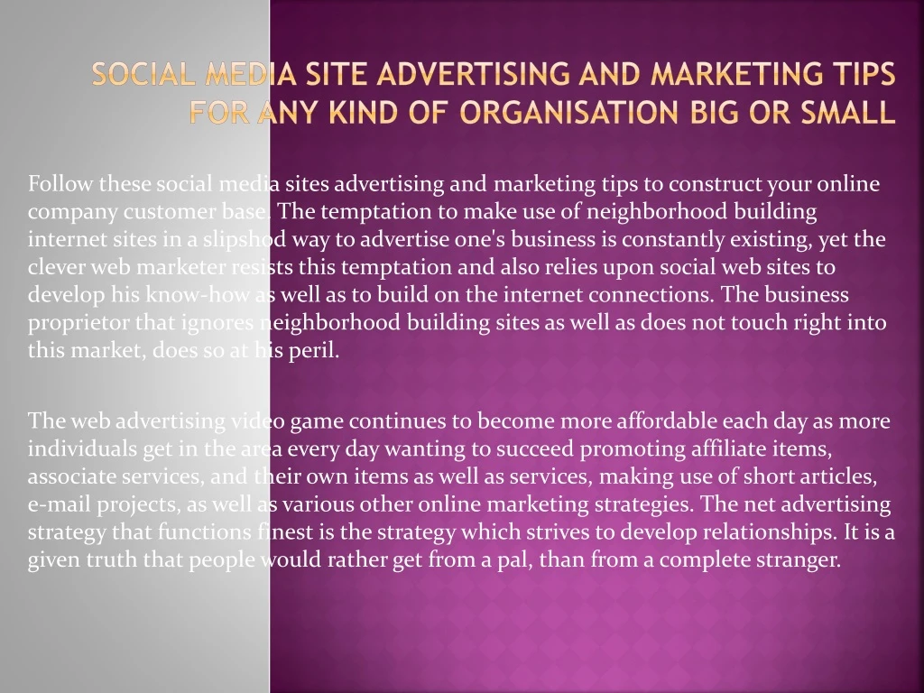 social media site advertising and marketing tips for any kind of organisation big or small
