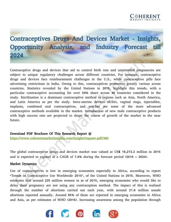 Contraceptives Drugs And Devices Market - Insights, Opportunity Analysis, and Industry Forecast till 2024