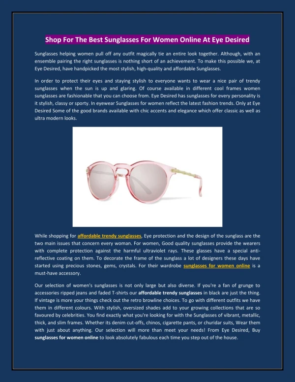 Shop For The Best Sunglasses For Women Online At Eye Desired
