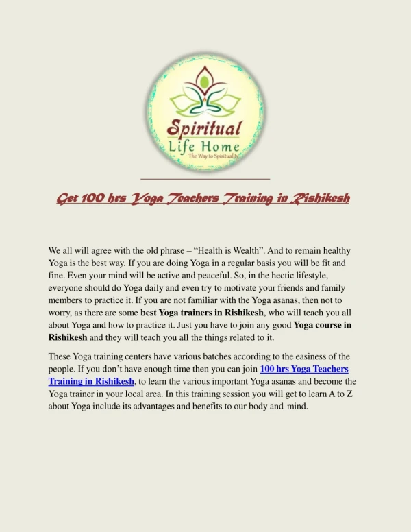 Get 100 hrs Yoga Teachers Training in Rishikesh