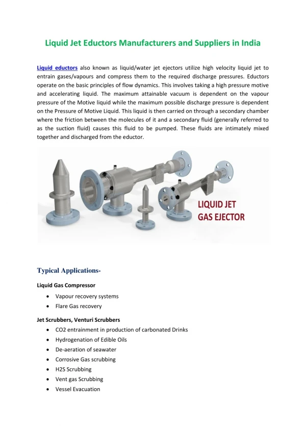 Liquid Jet Eductors Manufacturers and Suppliers in India