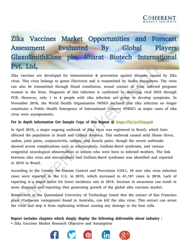 Zika Vaccines Market Opportunities and Forecast Assessment Evaluated By Global Players GlaxoSmithKline plc, Bharat Biote