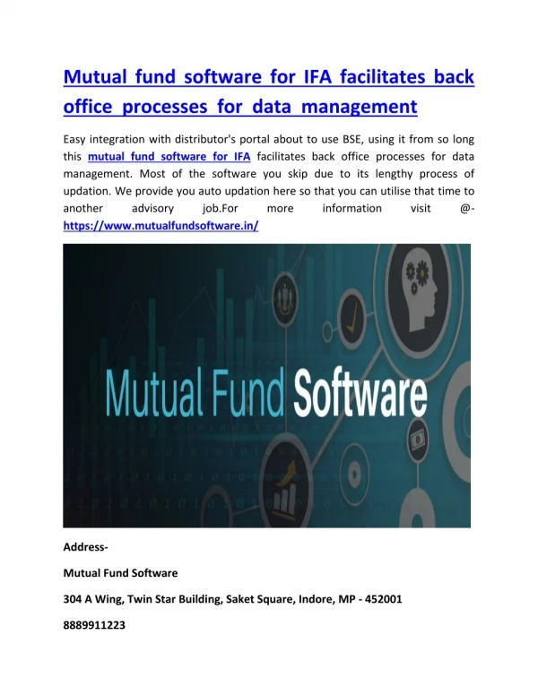 Mutual fund software for IFA facilitates back office processes for data management