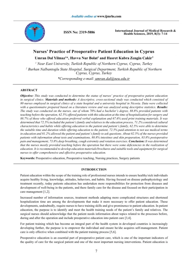 Nurses’ Practice of Preoperative Patient Education in Cyprus
