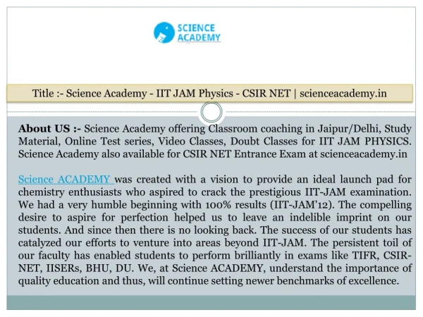 Science Academy - IIT JAM Physics