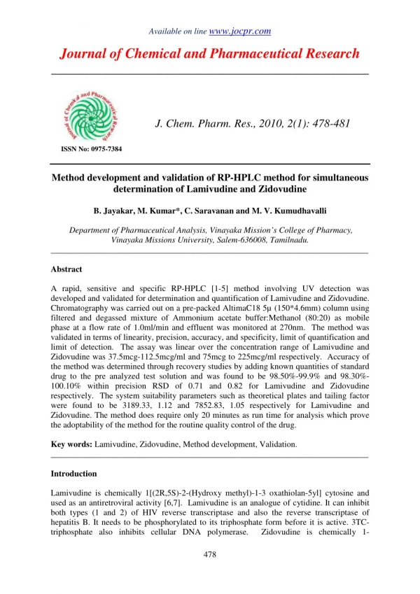 Method development and validation of RP-HPLC method for simultaneous determination of Lamivudine and Zidovudine