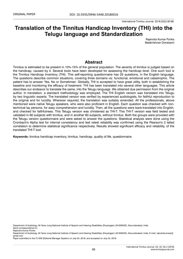 Translation of the Tinnitus Handicap Inventory (THI) into the Telugu language and StandardizationTranslation of the Tinn