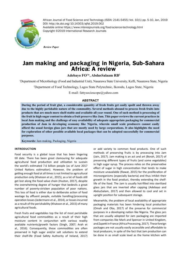 Jam making and packaging in Nigeria, Sub-Sahara Africa: A review