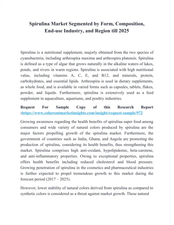 Spirulina Market Segmented by Form, Composition, End-use Industry, and Region till 2025