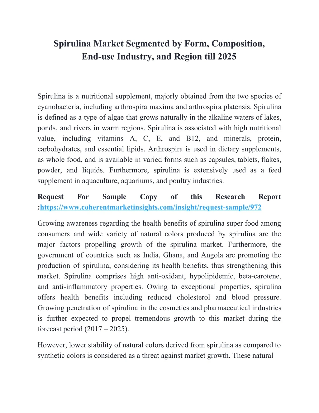 spirulina market segmented by form composition