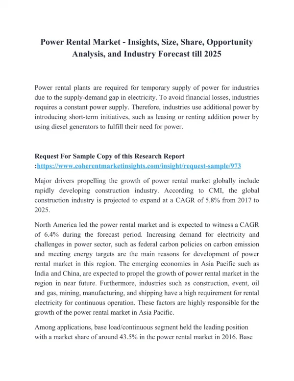 Power Rental Market - Insights, Size, Share, Opportunity Analysis, and Industry Forecast till 2025