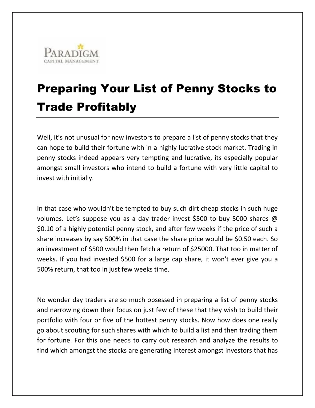 preparing your list of penny stocks to trade