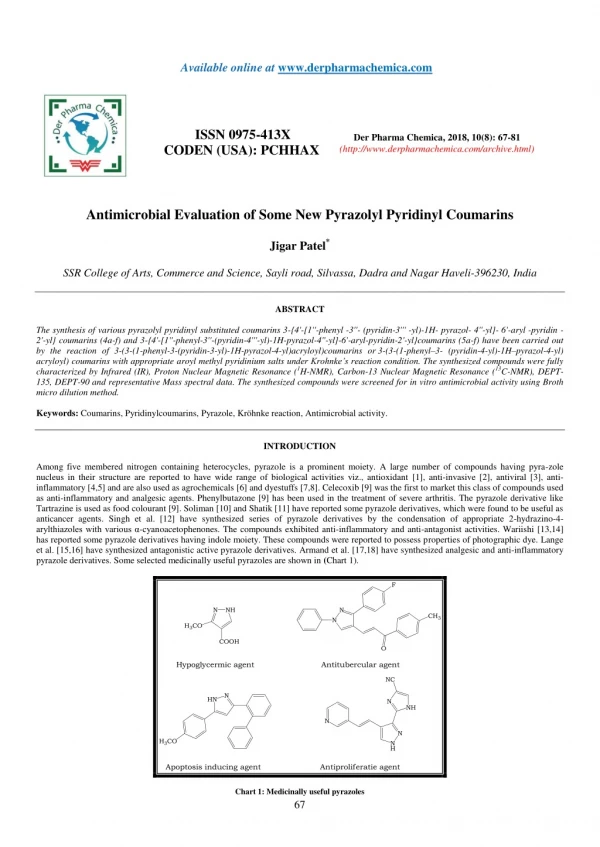 Antimicrobial Evaluation of Some New Pyrazolyl Pyridinyl Coumarins