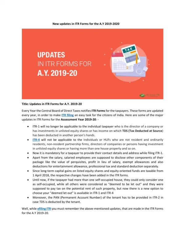 New updates in ITR Forms for the A.Y 2019-2020