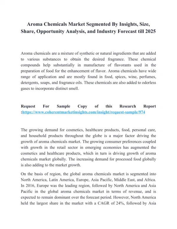 Aroma Chemicals Market Segmented By Insights, Size, Share, Opportunity Analysis, and Industry Forecast till 2025