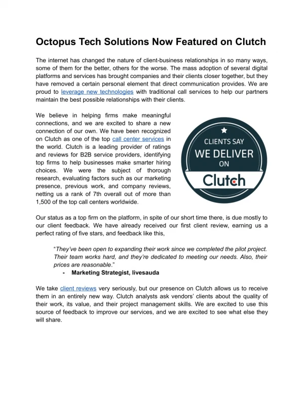 Octopus Tech Solutions Now Featured on Clutch