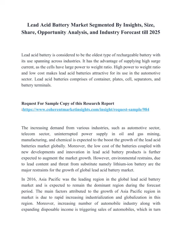 Lead Acid Battery Market Segmented By Insights, Size, Share, Opportunity Analysis, and Industry Forecast till 2025