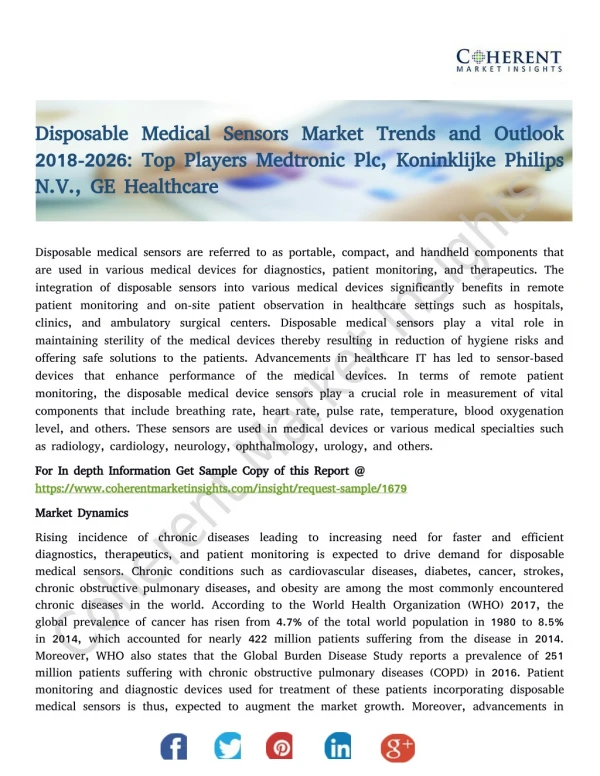 Disposable Medical Sensors Market Trends and Outlook 2018-2026: Top Players Medtronic Plc, Koninklijke Philips N.V., GE