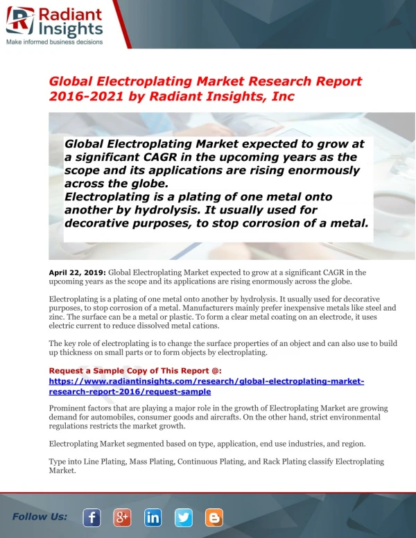 Electroplating Market Global Insights, Future Trend & Forecast 2016 to 2021