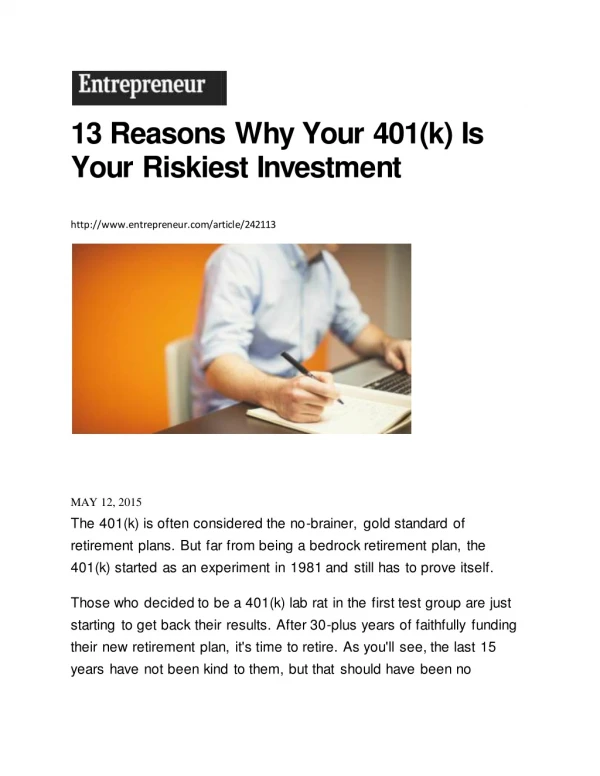 13 reasons why your 401k is Your Riskiest Investment